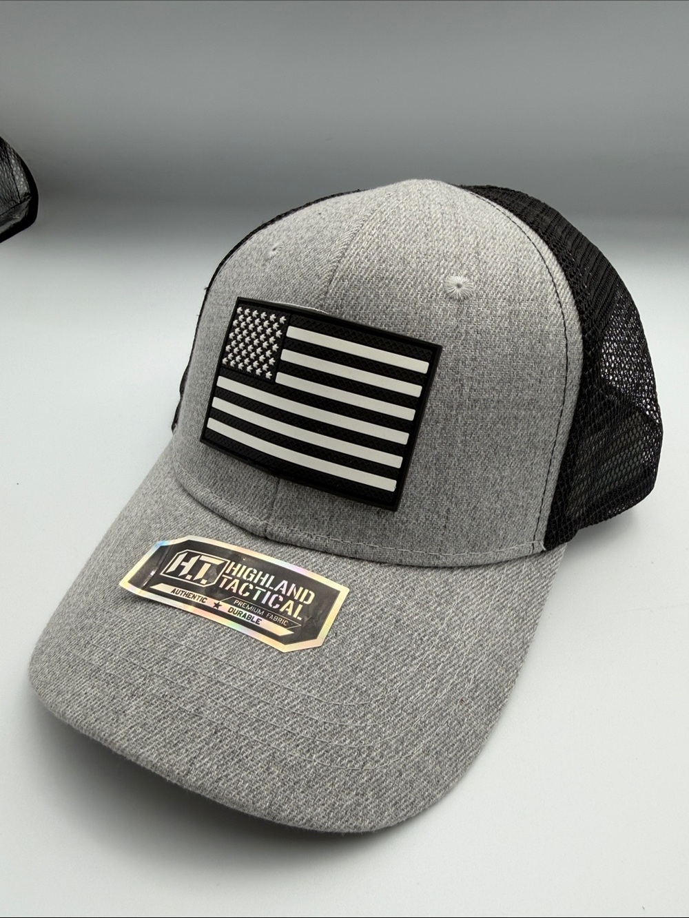 Gray Trucker Hat with Black & White USA Flag Patch New